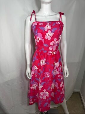 Vintage 70s Malia Honolulu Pink Floral Midi Sundress Built In Bra Tiki Size 12